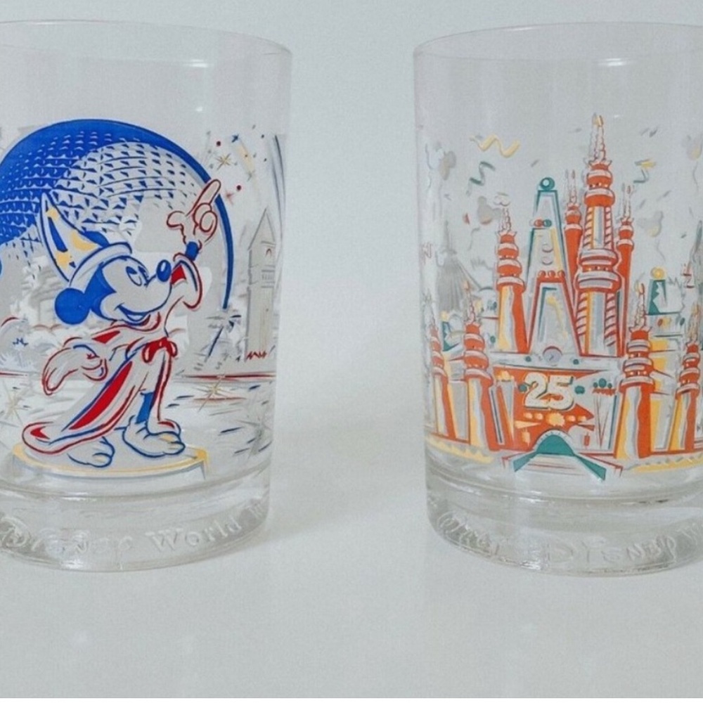 Walt Disney World 25th Anniversary 16oz Glass Mcdonald's Cup Set of 2 EUC